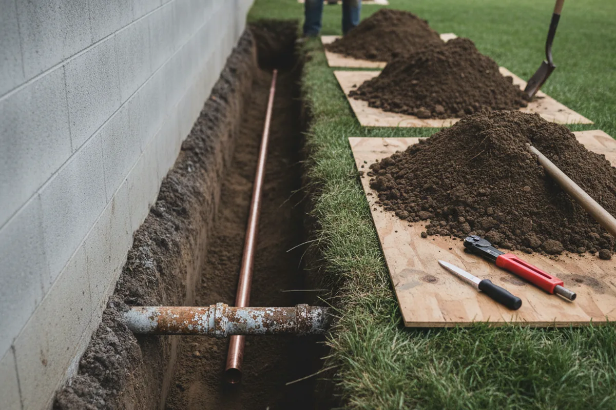 Excavated water line trench during Water Softener Installation in Granbury